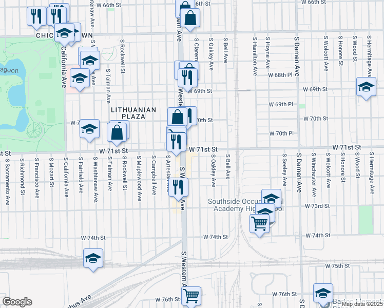 map of restaurants, bars, coffee shops, grocery stores, and more near 2345 West 71st Street in Chicago