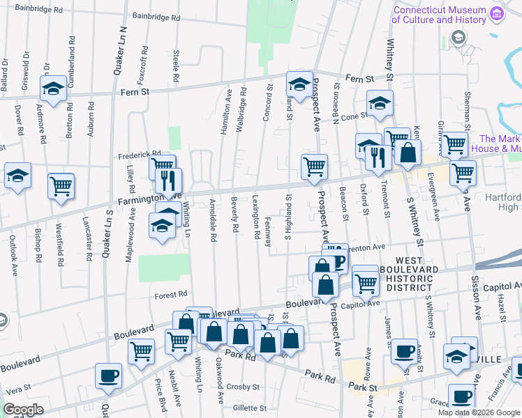 map of restaurants, bars, coffee shops, grocery stores, and more near 14 Lexington Road in West Hartford