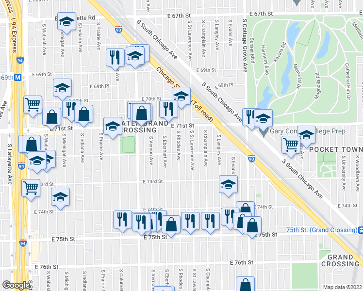 map of restaurants, bars, coffee shops, grocery stores, and more near 7145 South Rhodes Avenue in Chicago