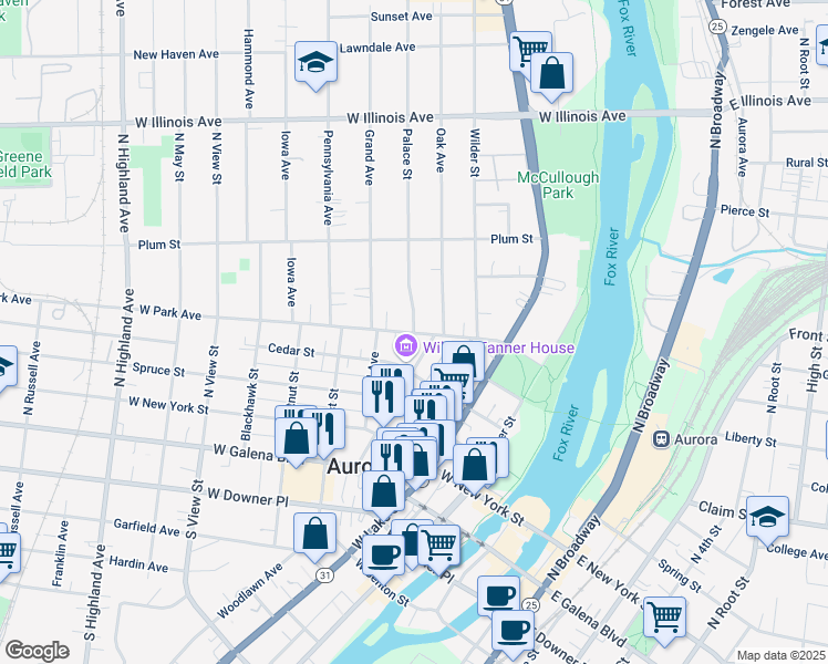 map of restaurants, bars, coffee shops, grocery stores, and more near 315 West Park Avenue in Aurora