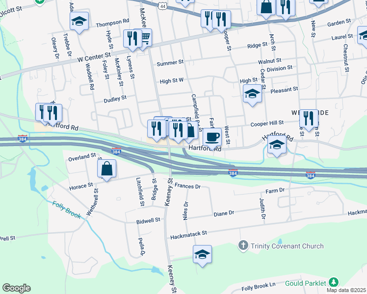 map of restaurants, bars, coffee shops, grocery stores, and more near 427 Hartford Road in Manchester