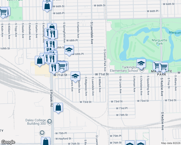 map of restaurants, bars, coffee shops, grocery stores, and more near 3706 W 71st St in Chicago