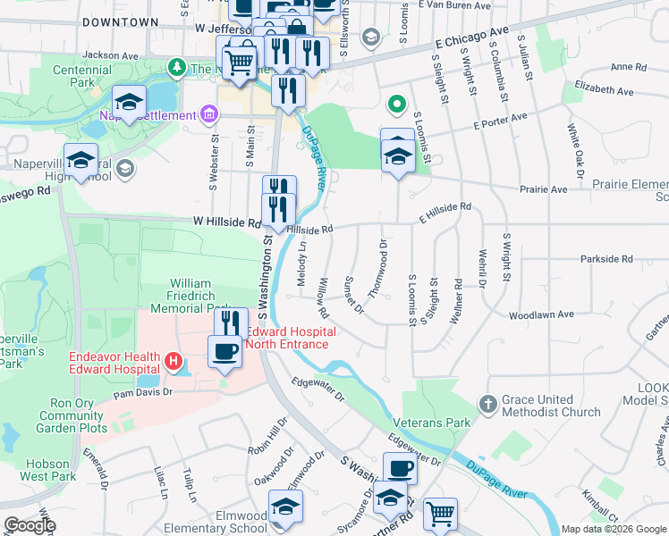 map of restaurants, bars, coffee shops, grocery stores, and more near 644 Willow Rd in Naperville