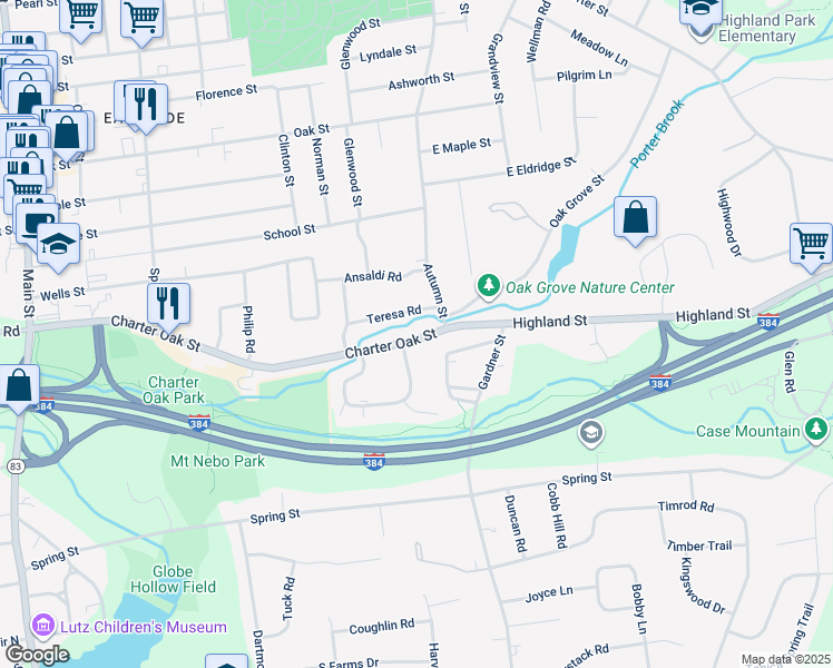 map of restaurants, bars, coffee shops, grocery stores, and more near 321 Charter Oak Street in Manchester