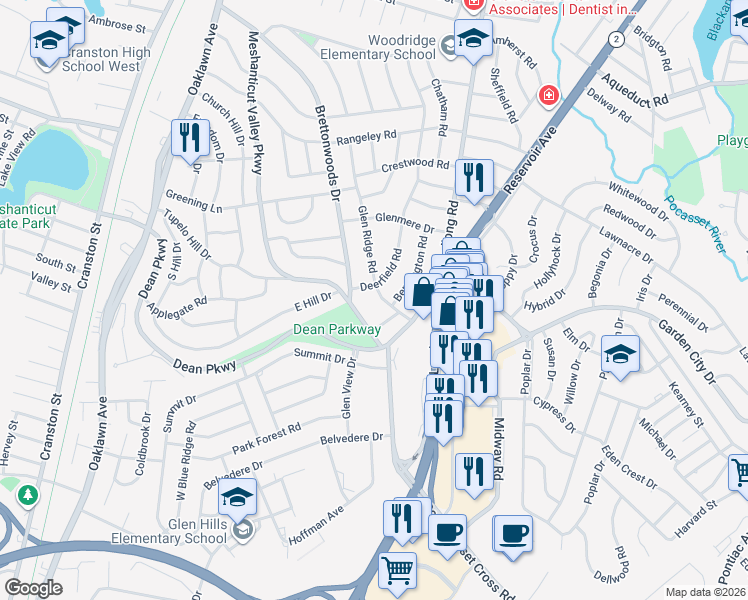 map of restaurants, bars, coffee shops, grocery stores, and more near 29 Glen Ridge Road in Cranston