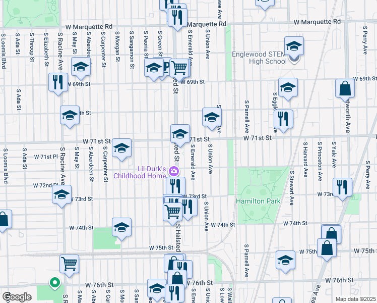 map of restaurants, bars, coffee shops, grocery stores, and more near 7124 South Emerald Avenue in Chicago