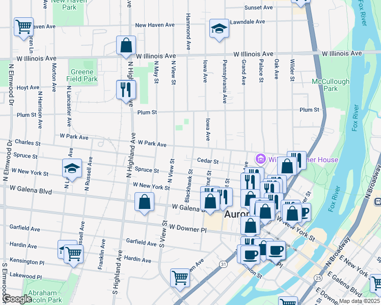 map of restaurants, bars, coffee shops, grocery stores, and more near 308 Blackhawk Street in Aurora