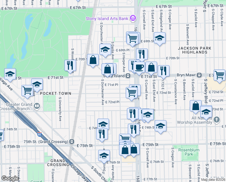 map of restaurants, bars, coffee shops, grocery stores, and more near 1436 East 72nd Street in Chicago