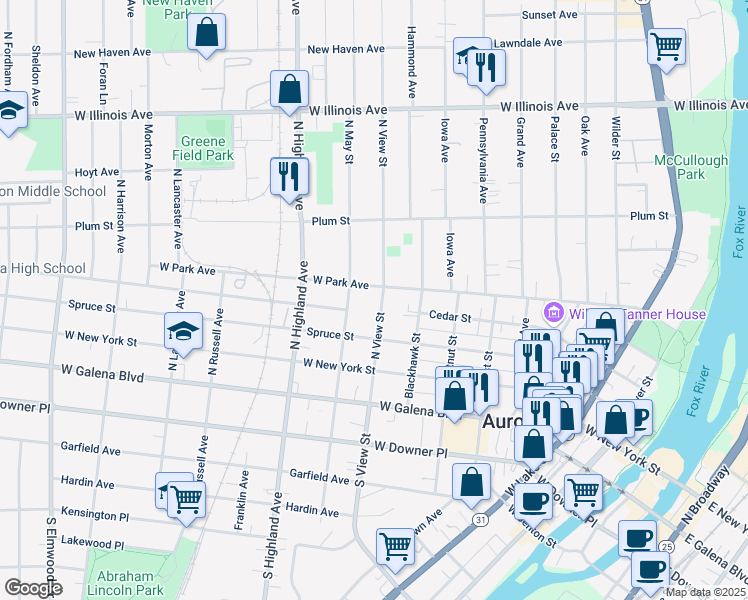 map of restaurants, bars, coffee shops, grocery stores, and more near 310 North View Street in Aurora
