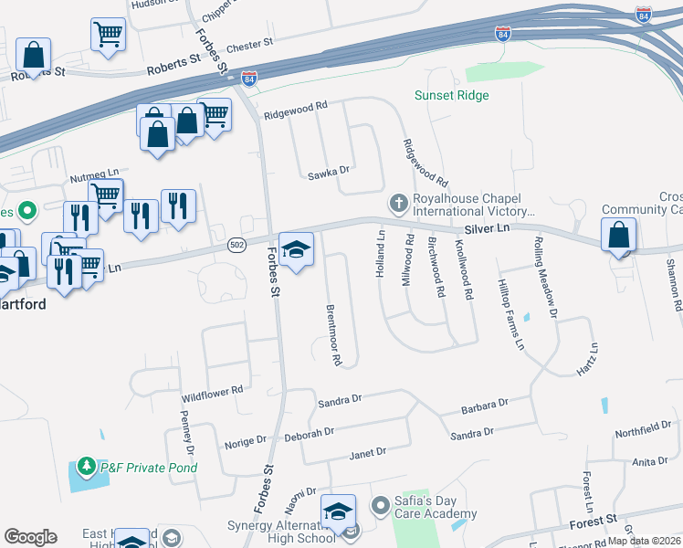 map of restaurants, bars, coffee shops, grocery stores, and more near 262 Brentmoor Road in East Hartford