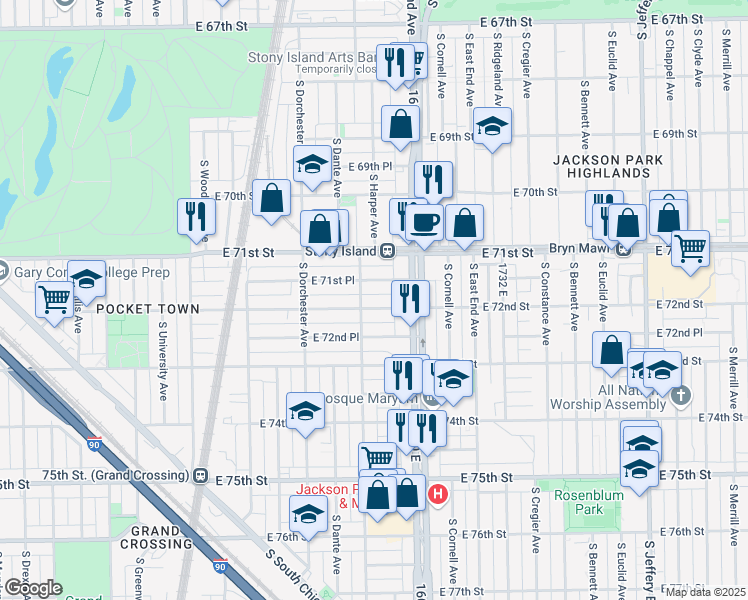 map of restaurants, bars, coffee shops, grocery stores, and more near 1510 East 72nd Street in Chicago