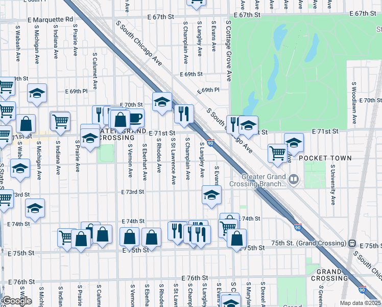 map of restaurants, bars, coffee shops, grocery stores, and more near 7145 South Champlain Avenue in Chicago
