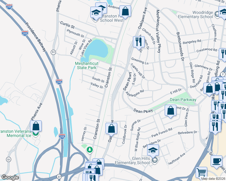 map of restaurants, bars, coffee shops, grocery stores, and more near 383 Oaklawn Avenue in Cranston