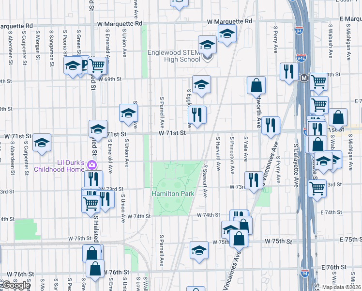 map of restaurants, bars, coffee shops, grocery stores, and more near 7128 South Eggleston Avenue in Chicago