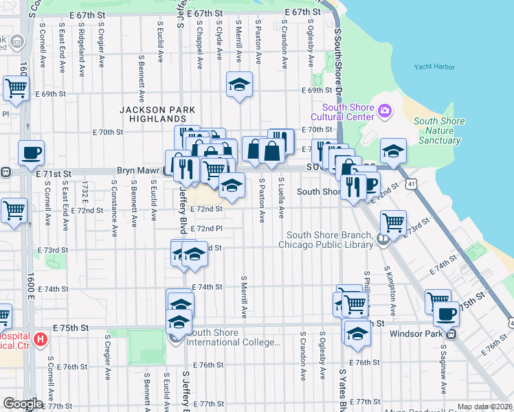 map of restaurants, bars, coffee shops, grocery stores, and more near 7166 South Paxton Avenue in Chicago