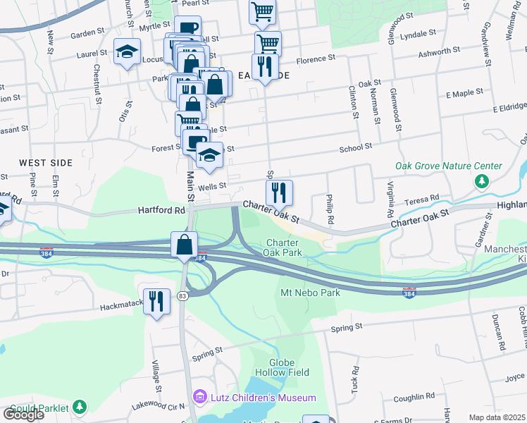 map of restaurants, bars, coffee shops, grocery stores, and more near 98 Charter Oak St in Manchester