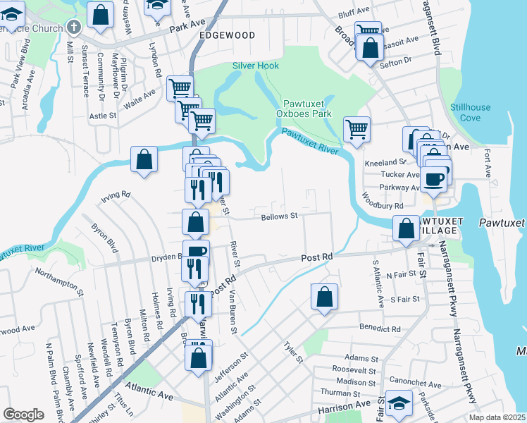 map of restaurants, bars, coffee shops, grocery stores, and more near 105 Bellows Street in Warwick