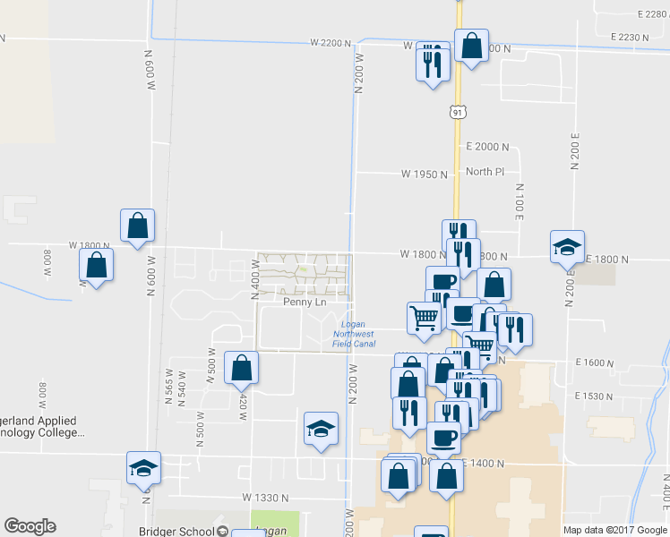map of restaurants, bars, coffee shops, grocery stores, and more near 73 Hampton Place in Logan