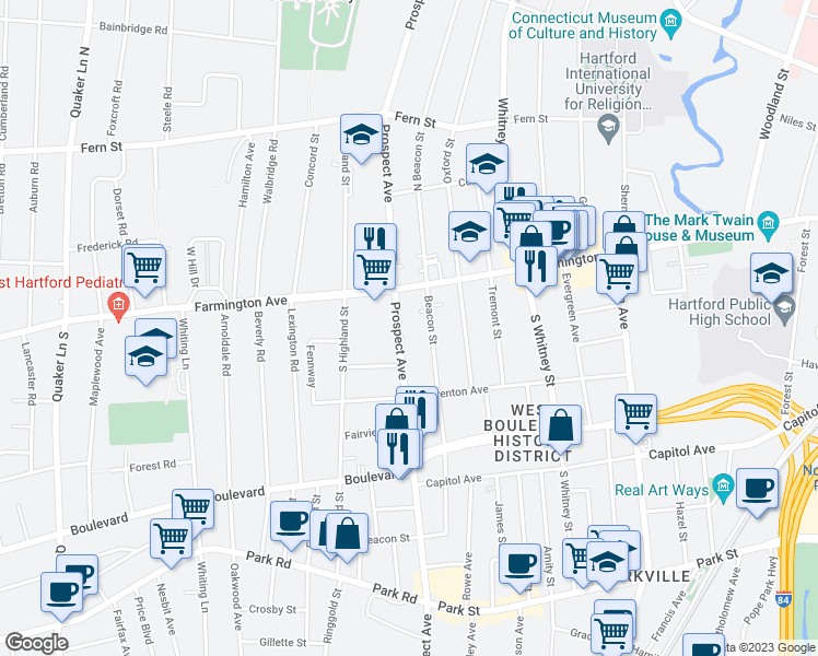 map of restaurants, bars, coffee shops, grocery stores, and more near 570 Prospect Avenue in Hartford