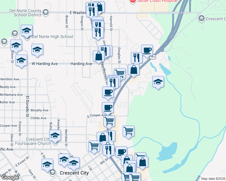 map of restaurants, bars, coffee shops, grocery stores, and more near 875 Northcrest Drive in Crescent City