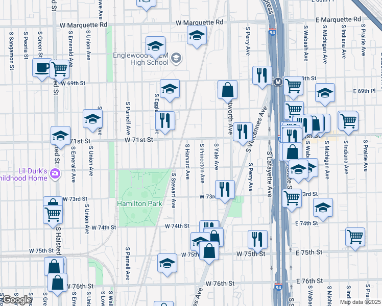 map of restaurants, bars, coffee shops, grocery stores, and more near 7129 South Harvard Avenue in Chicago