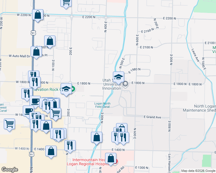 map of restaurants, bars, coffee shops, grocery stores, and more near 420 East 1800 North in North Logan