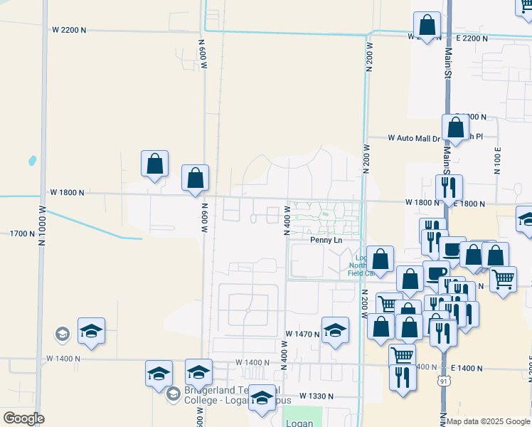 map of restaurants, bars, coffee shops, grocery stores, and more near 102 North 425 West in Logan