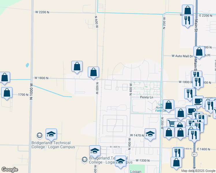 map of restaurants, bars, coffee shops, grocery stores, and more near 550 West 1800 North in Logan