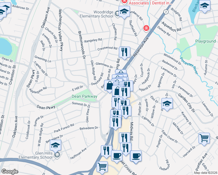 map of restaurants, bars, coffee shops, grocery stores, and more near 25 Dean Parkway in Cranston