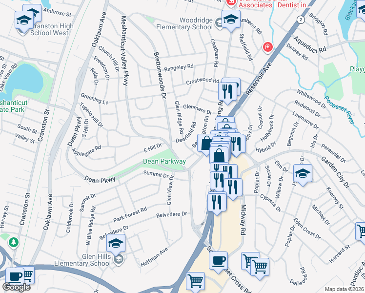 map of restaurants, bars, coffee shops, grocery stores, and more near 29 Glen Ridge Road in Cranston