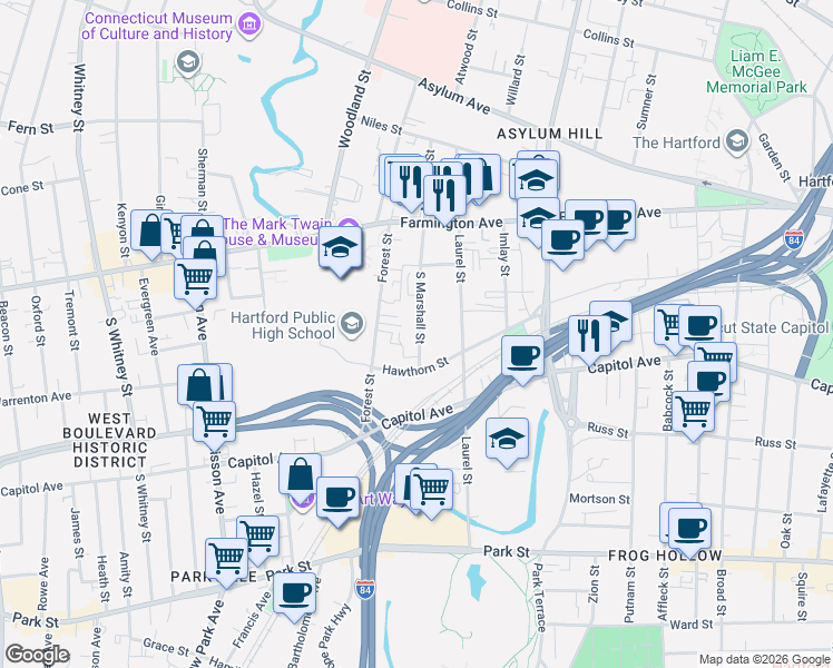 map of restaurants, bars, coffee shops, grocery stores, and more near 141 South Marshall Street in Hartford