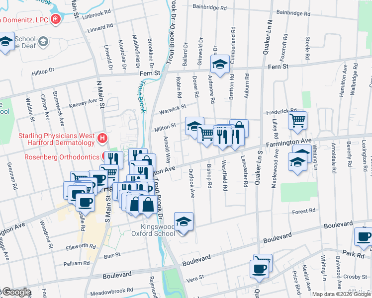 map of restaurants, bars, coffee shops, grocery stores, and more near 26 Robin Road in West Hartford
