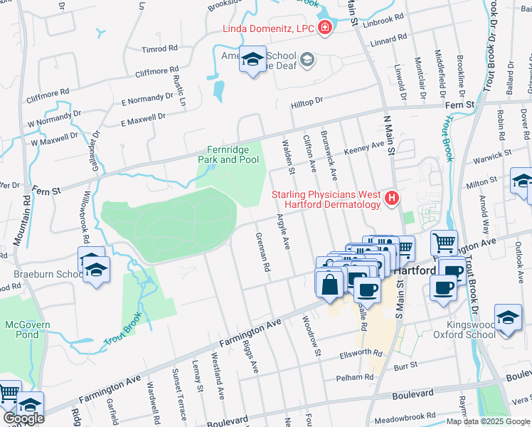 map of restaurants, bars, coffee shops, grocery stores, and more near 166 Whitman Avenue in West Hartford