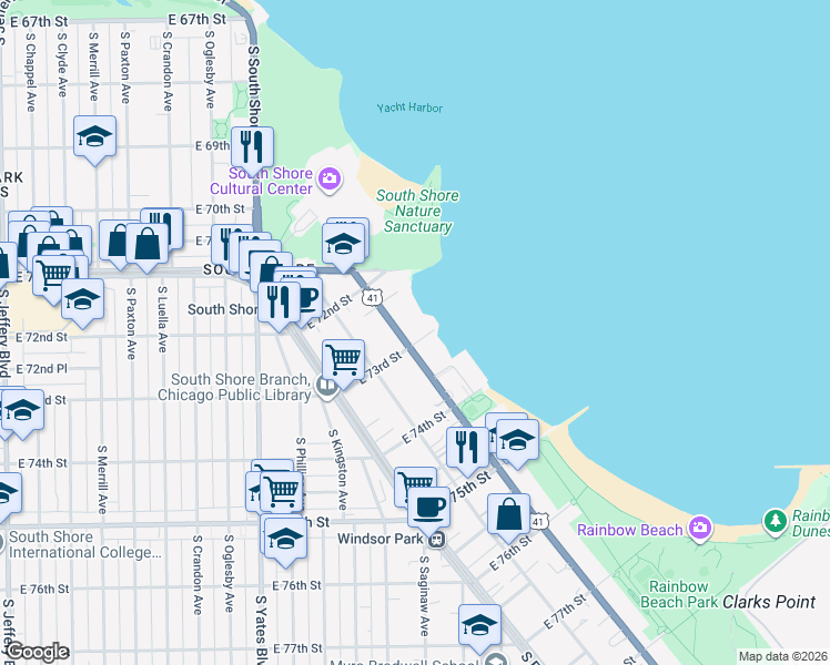 map of restaurants, bars, coffee shops, grocery stores, and more near 7260 U.S. 41 in Chicago