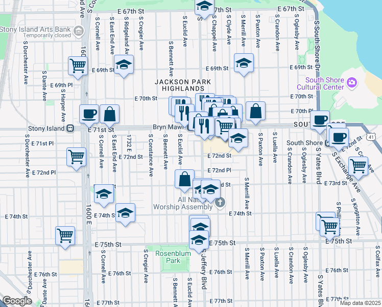 map of restaurants, bars, coffee shops, grocery stores, and more near 7153 South Euclid Avenue in Chicago
