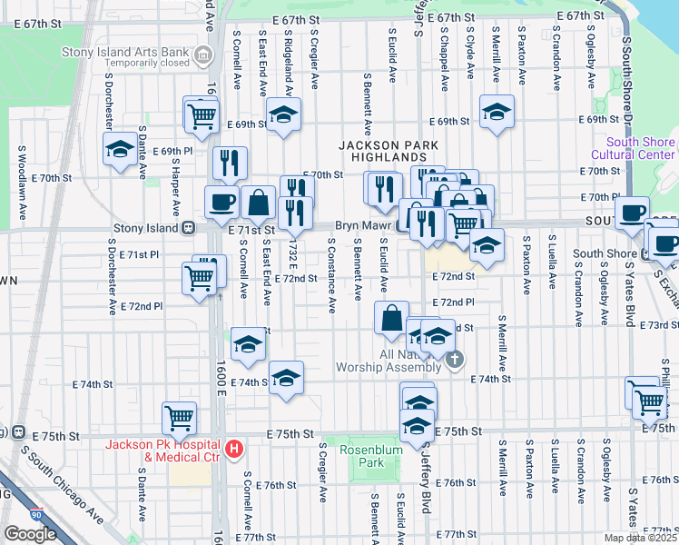 map of restaurants, bars, coffee shops, grocery stores, and more near 7151 South Constance Avenue in Chicago