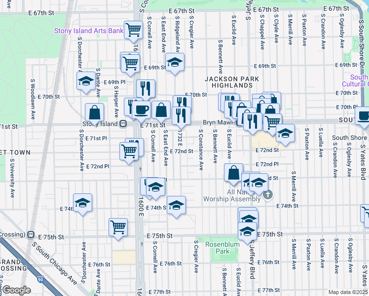 map of restaurants, bars, coffee shops, grocery stores, and more near 1734 East 72nd Street in Chicago