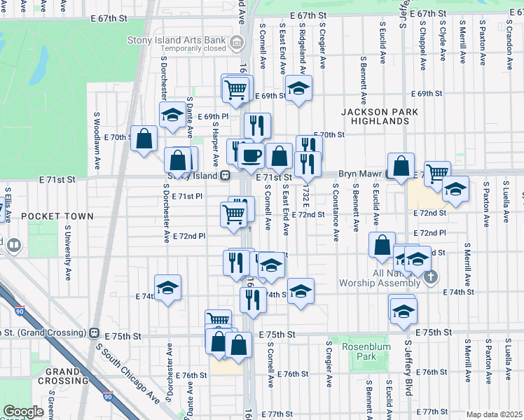 map of restaurants, bars, coffee shops, grocery stores, and more near 7152 South Cornell Avenue in Chicago