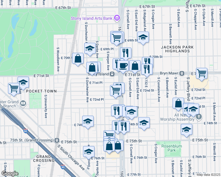 map of restaurants, bars, coffee shops, grocery stores, and more near 1510 East 72nd Street in Chicago