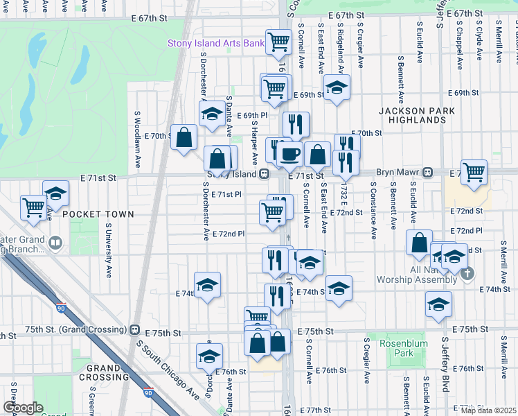 map of restaurants, bars, coffee shops, grocery stores, and more near 1510 East 72nd Street in Chicago