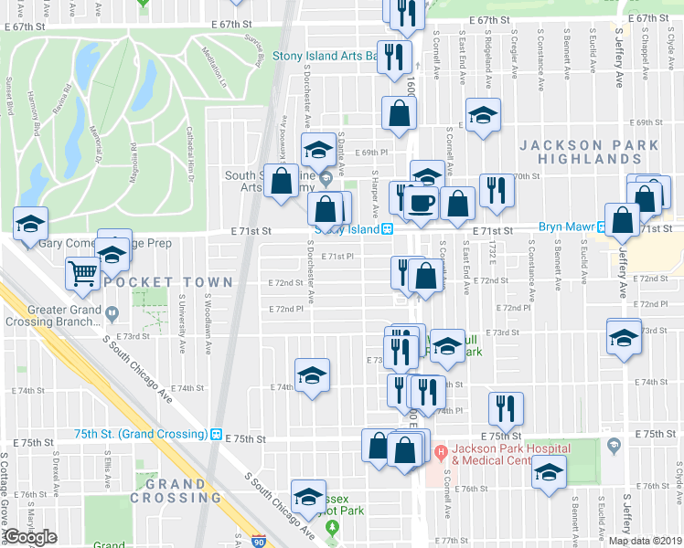 map of restaurants, bars, coffee shops, grocery stores, and more near 1436 East 72nd Street in Chicago