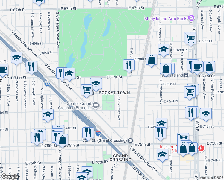 map of restaurants, bars, coffee shops, grocery stores, and more near 7146 South Greenwood Avenue in Chicago