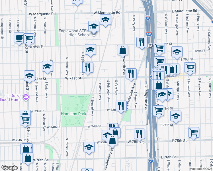 map of restaurants, bars, coffee shops, grocery stores, and more near 7129 South Harvard Avenue in Chicago