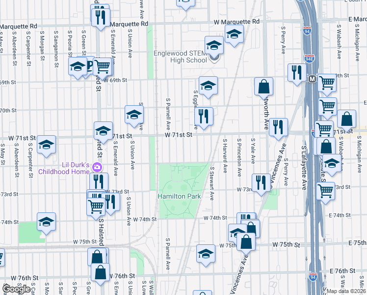 map of restaurants, bars, coffee shops, grocery stores, and more near 7122 South Normal Boulevard in Chicago