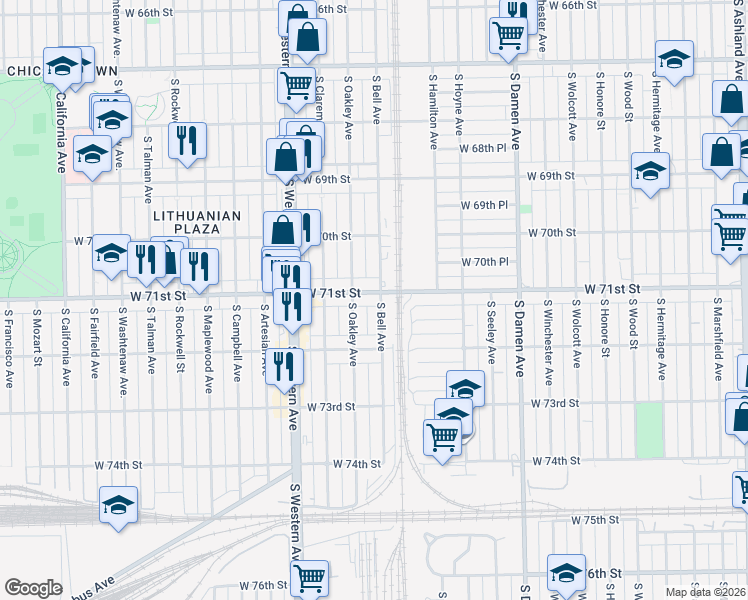 map of restaurants, bars, coffee shops, grocery stores, and more near 2227 West 71st Street in Chicago