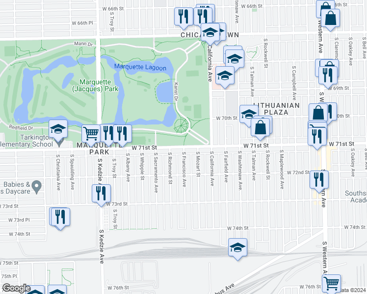 map of restaurants, bars, coffee shops, grocery stores, and more near 2909 West 71st Street in Chicago