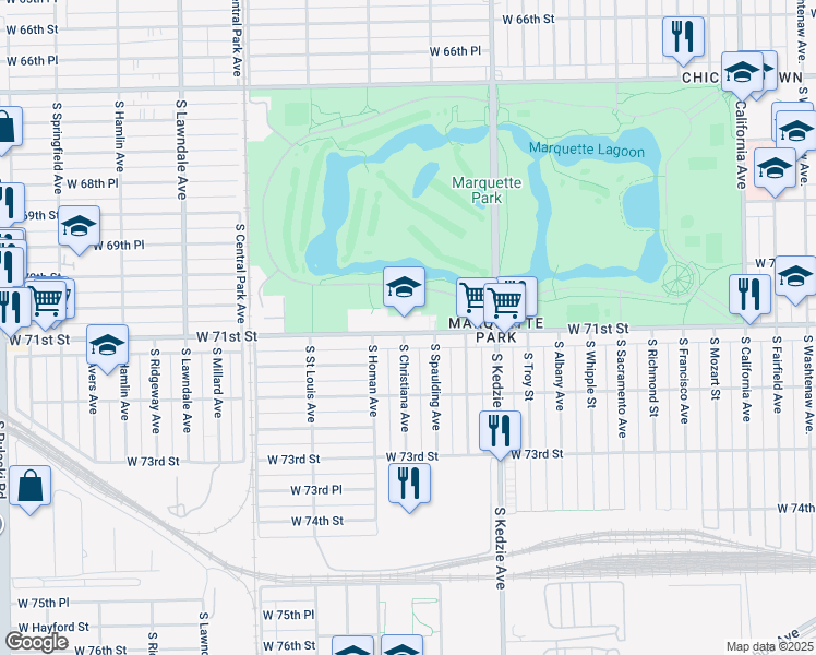 map of restaurants, bars, coffee shops, grocery stores, and more near 3330 West 71st Street in Chicago