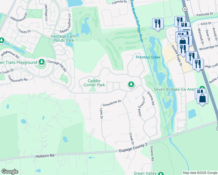 map of restaurants, bars, coffee shops, grocery stores, and more near 7S367 Augusta Lane in Naperville