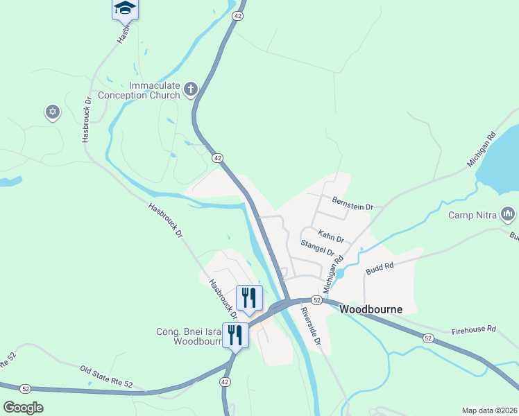 map of restaurants, bars, coffee shops, grocery stores, and more near 6228 New York 42 in Woodbourne