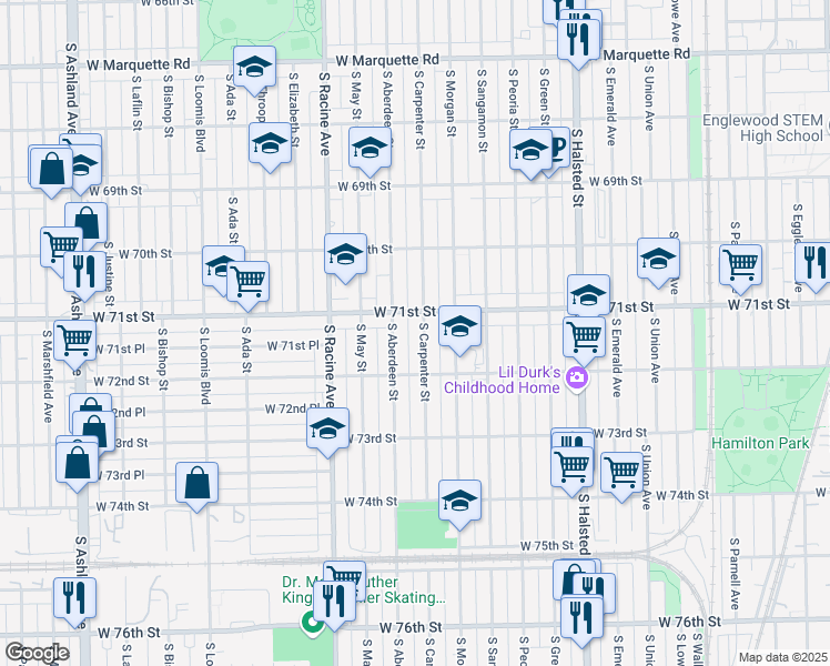 map of restaurants, bars, coffee shops, grocery stores, and more near 7118 S Carpenter St in Chicago